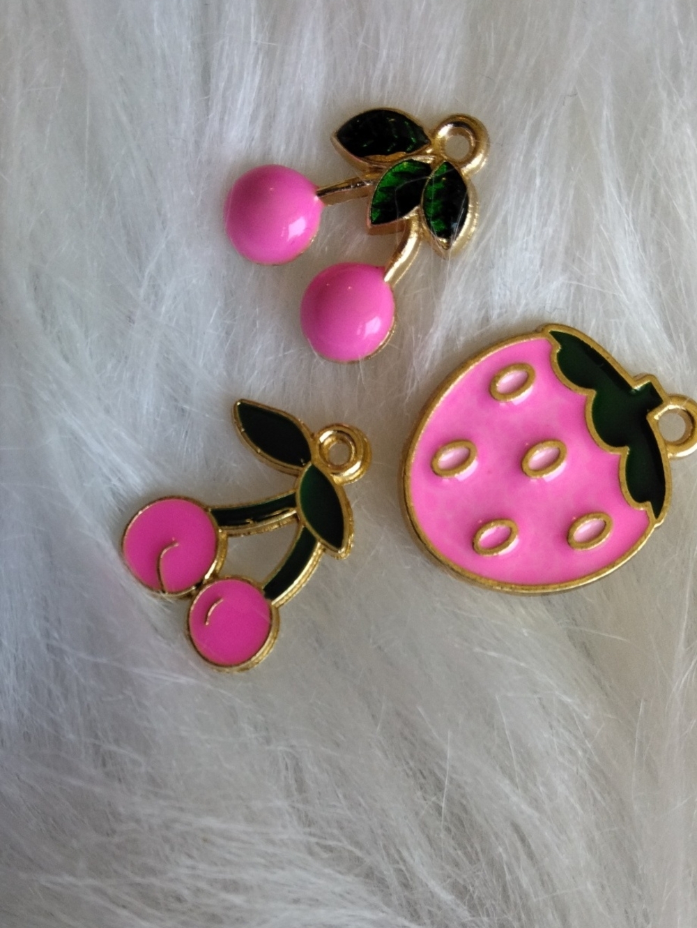 Pink Cherry And Strawberry Gold Tone Charm Set - Picture 2 of 4